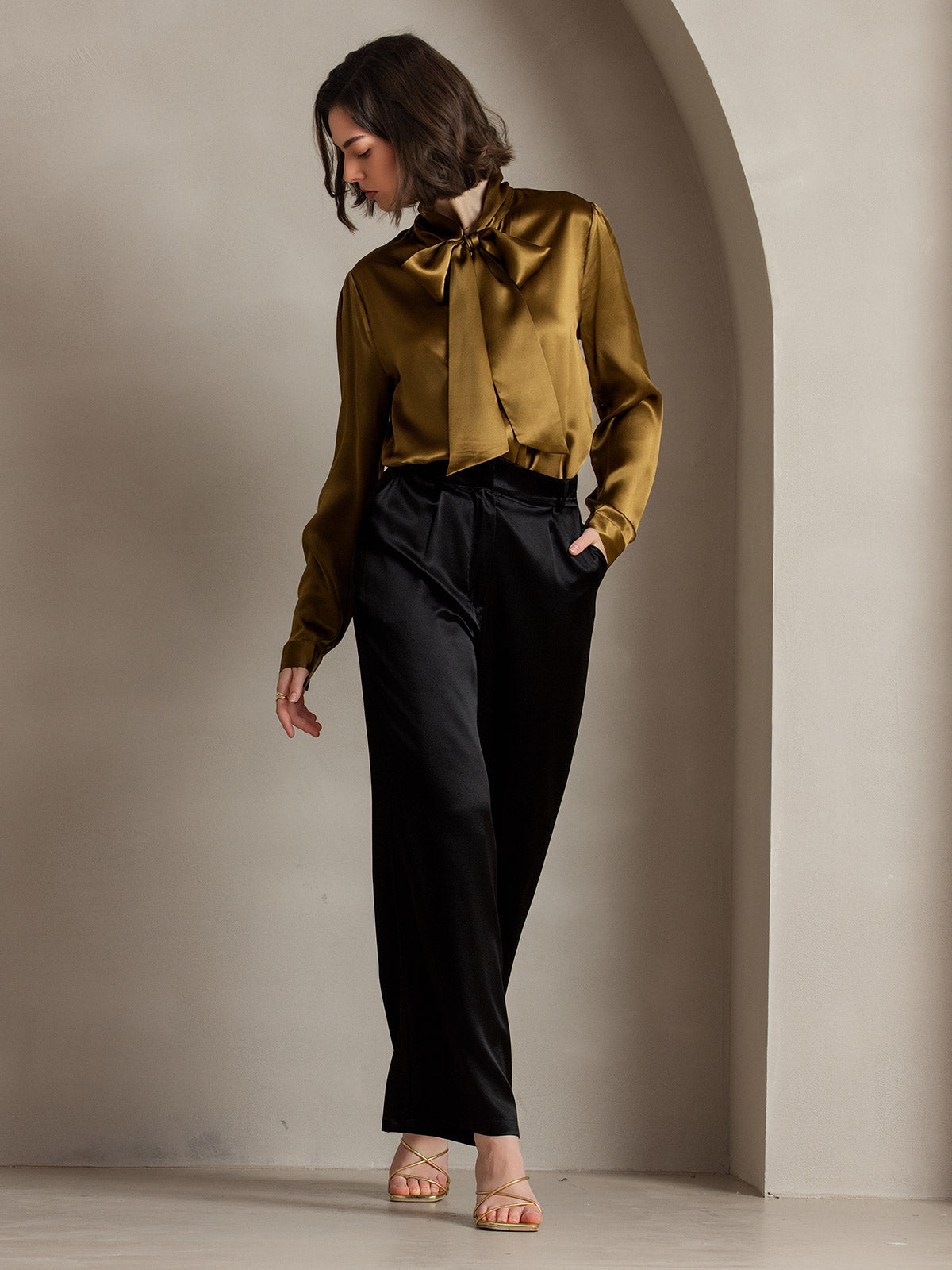 [Brown] SilkSilky 19Momme Silk Long Sleeve Tie Neck Women's Shirt 007