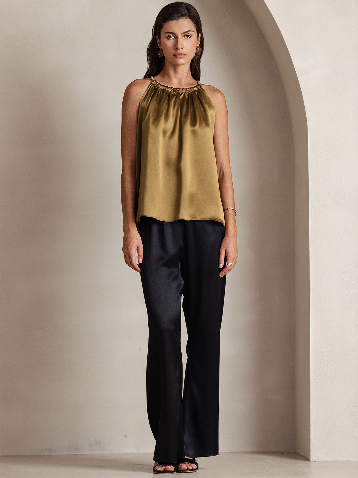 [Brown] SilkSilky  19Momme Silk Round Neck Camisole Top 005