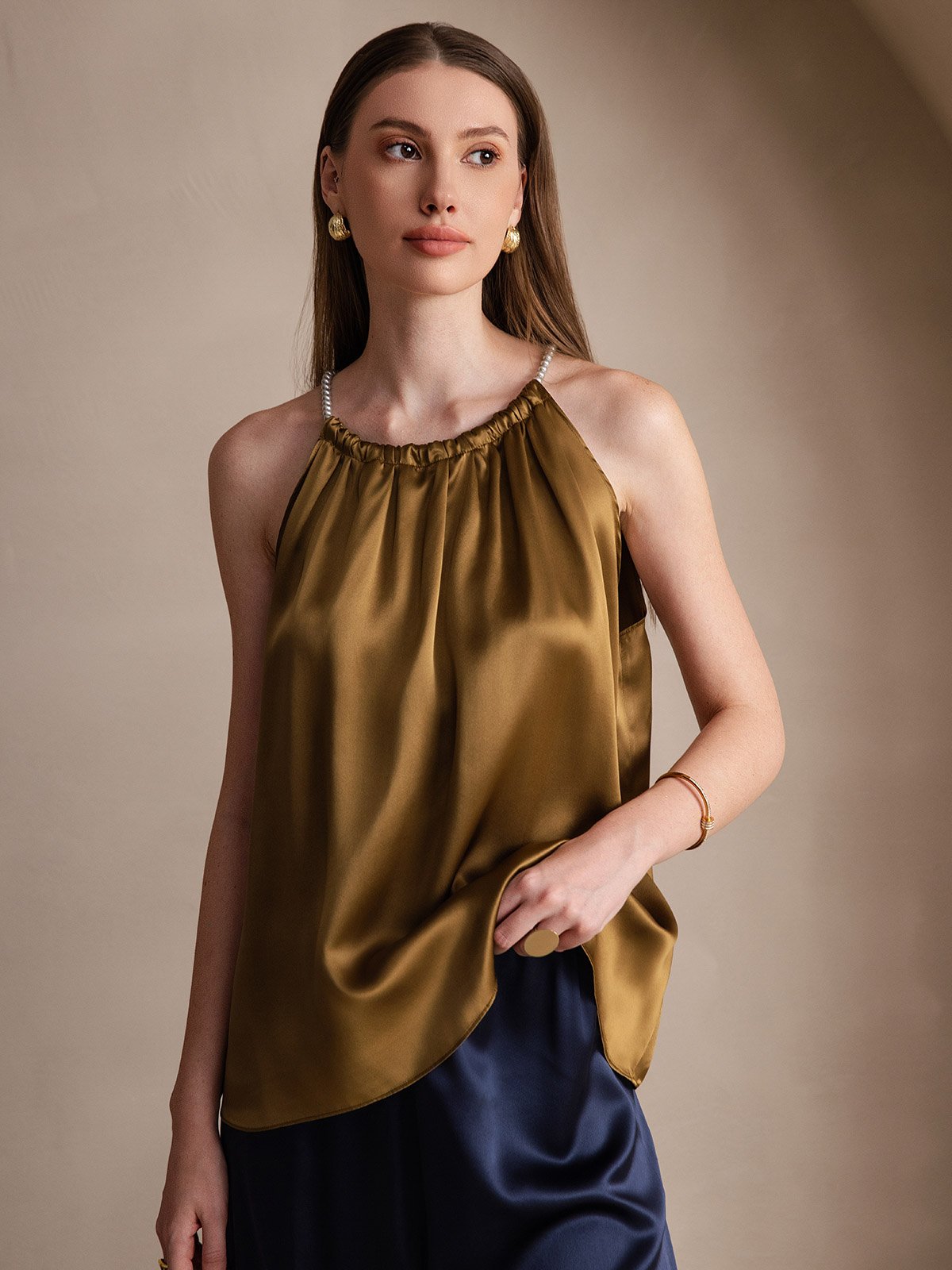 [Brown] SilkSilky  19Momme Silk Round Neck Camisole Top 006