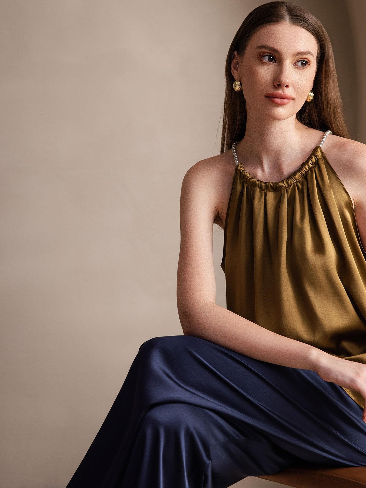 [Brown] SilkSilky  19Momme Silk Round Neck Camisole Top 007