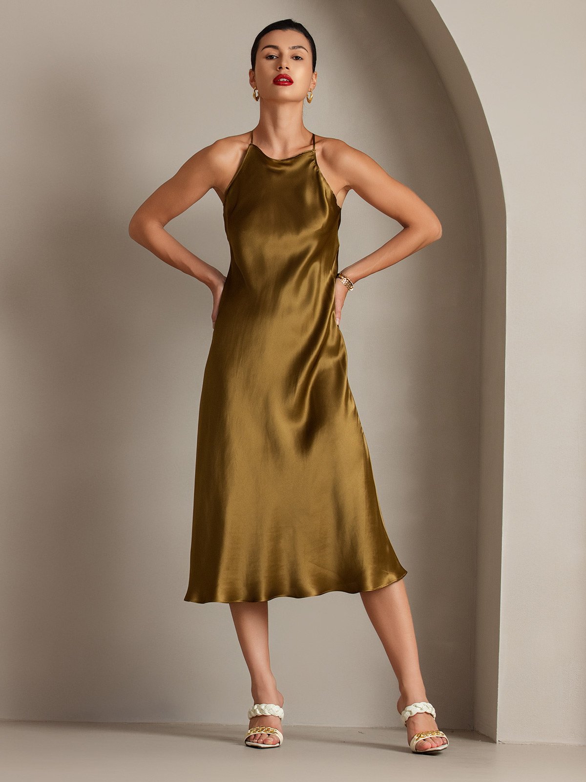 [Brown] SilkSilky 19Momme Silk Sleeveless Dress 003
