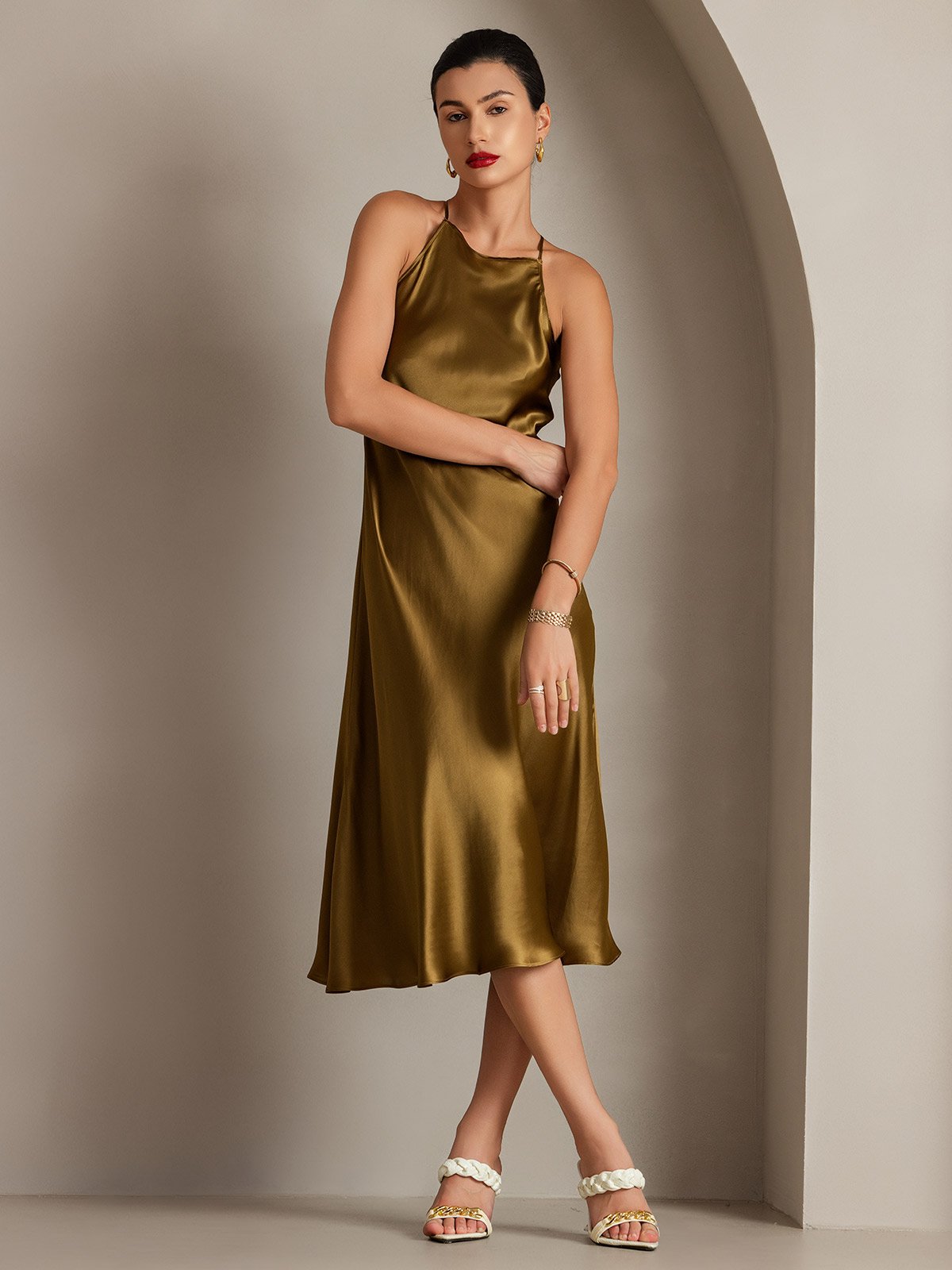 [Brown] SilkSilky 19Momme Silk Sleeveless Dress 005