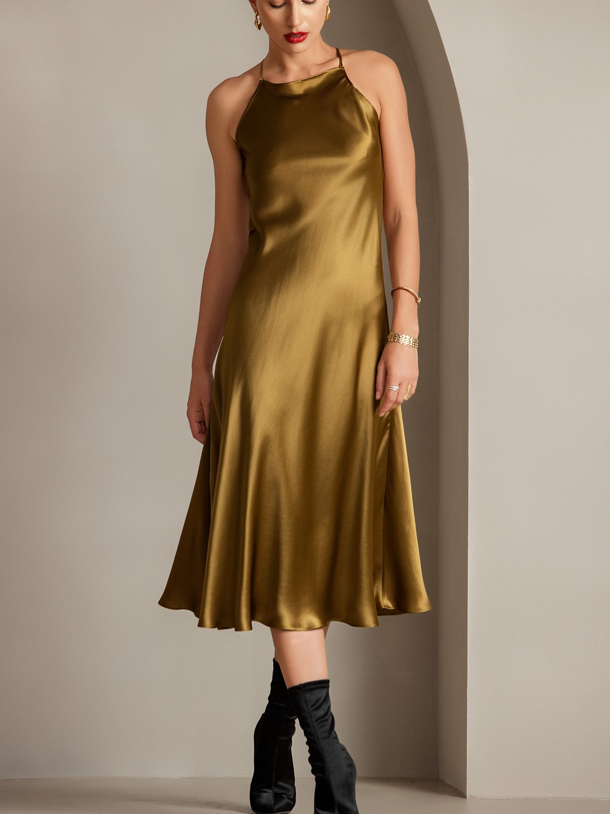 [Brown] SilkSilky 19Momme Silk Sleeveless Dress 006