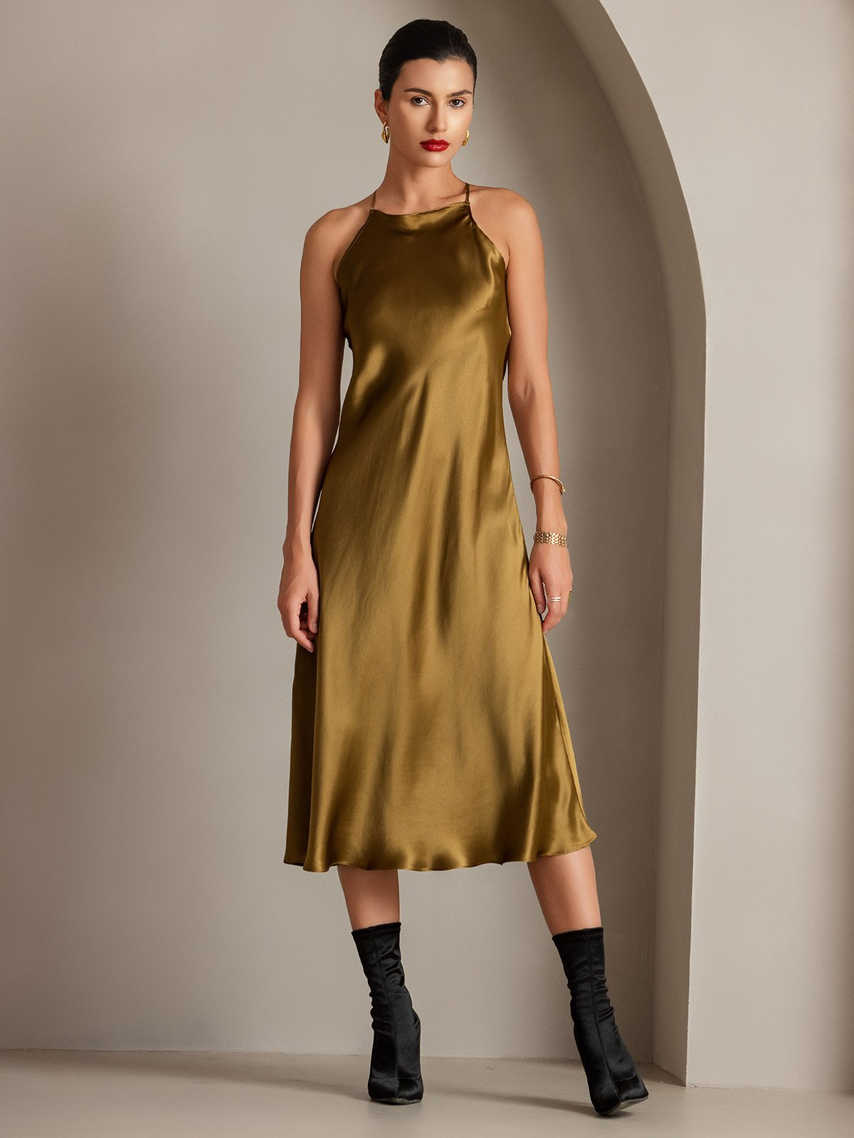 [Brown] SilkSilky 19Momme Silk Sleeveless Dress 007