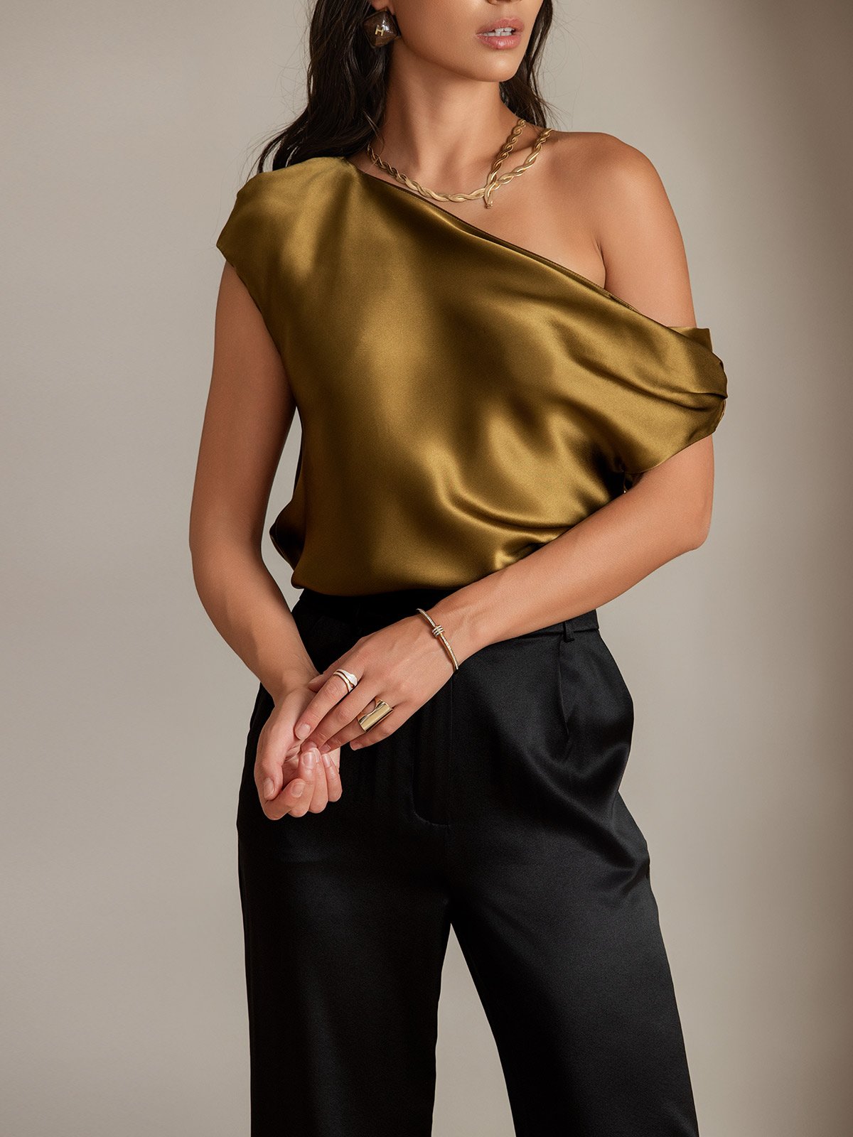 [Brown] SilkSilky 19Momme Silk Sleeveless One Shoulder Women's T-Shirt 003