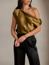 [Brown] SilkSilky  Sleeveless One Shoulder Women's T-Shirt 003