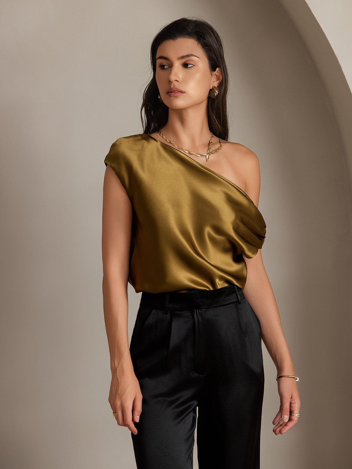 [Brown] SilkSilky 19Momme Silk Sleeveless One Shoulder Women's T-Shirt 004