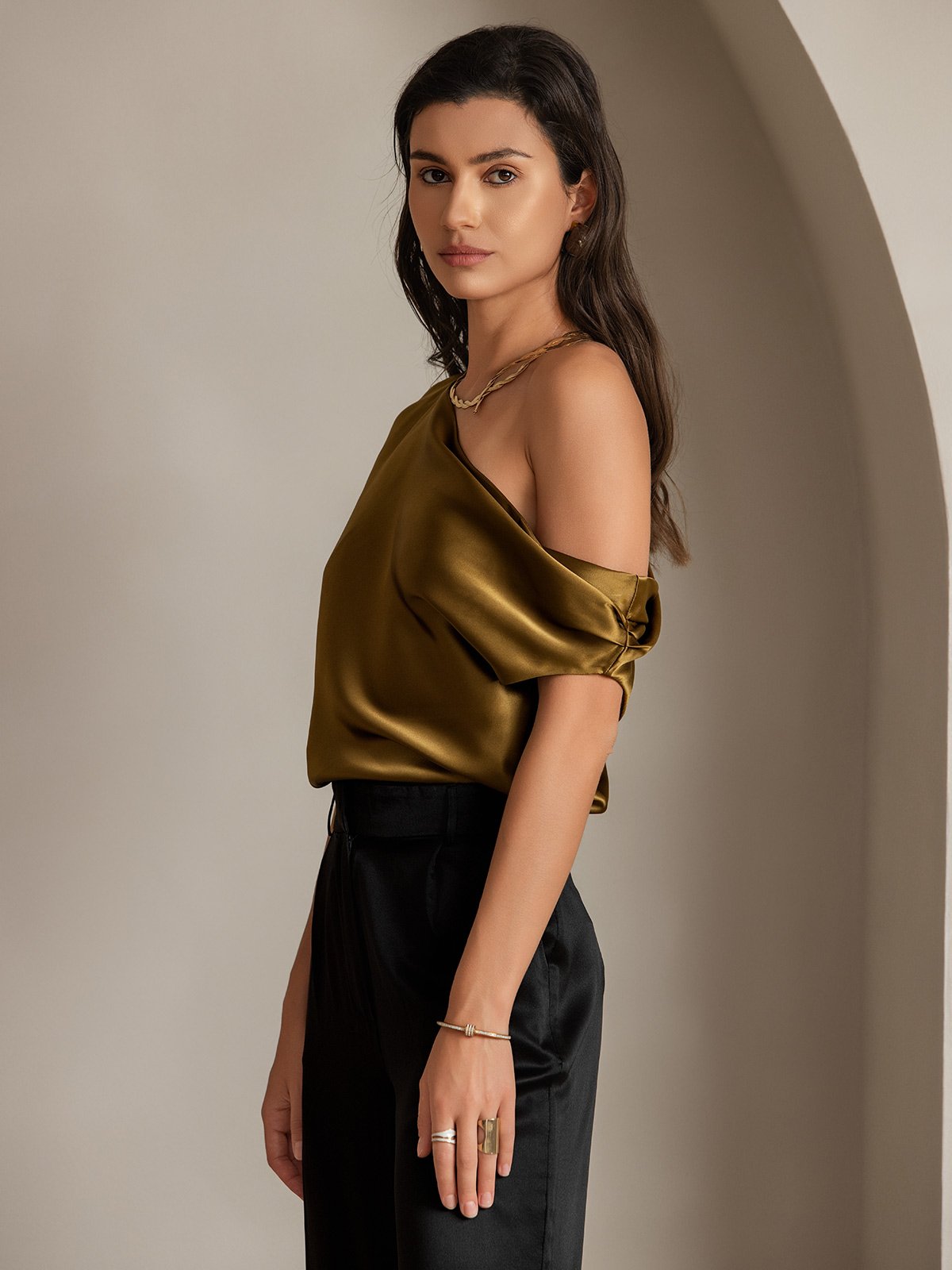 [Brown] SilkSilky 19Momme Silk Sleeveless One Shoulder Women's T-Shirt 005