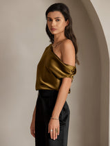 [Brown] SilkSilky  Sleeveless One Shoulder Women's T-Shirt 005