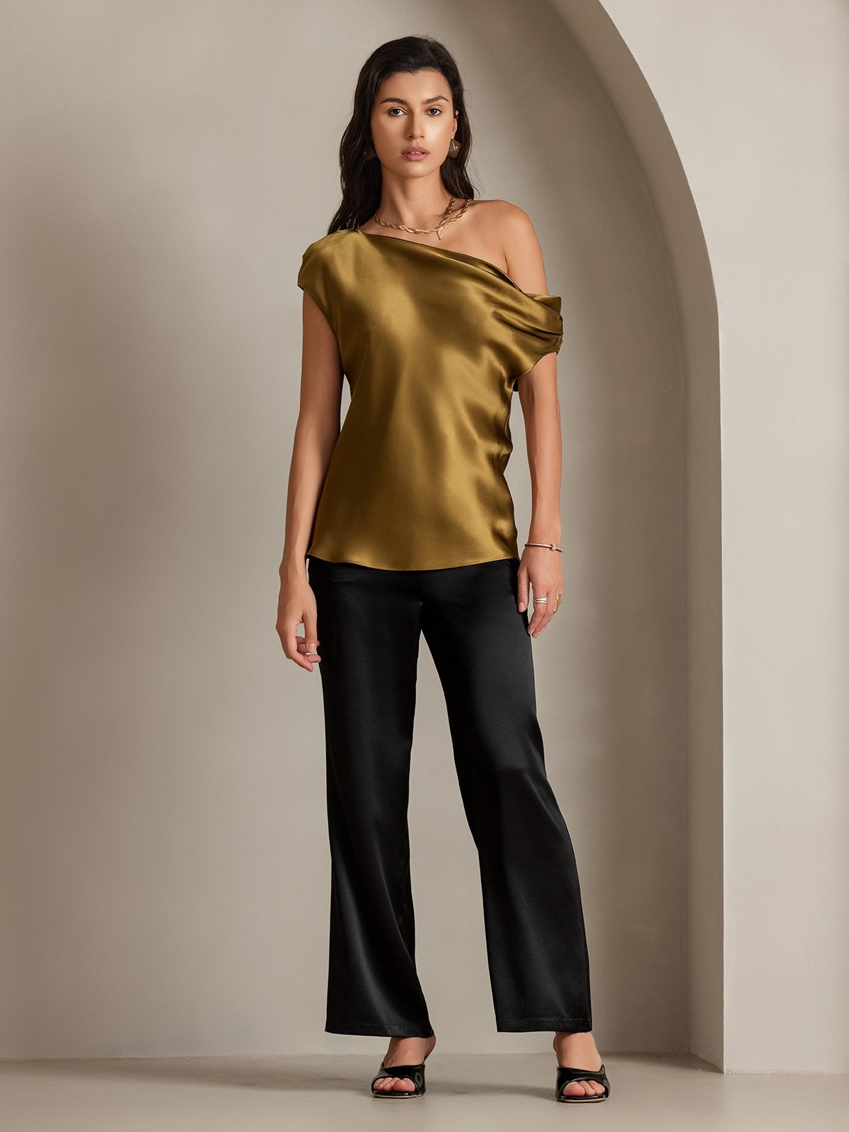 [Brown] SilkSilky 19Momme Silk Sleeveless One Shoulder Women's T-Shirt 006