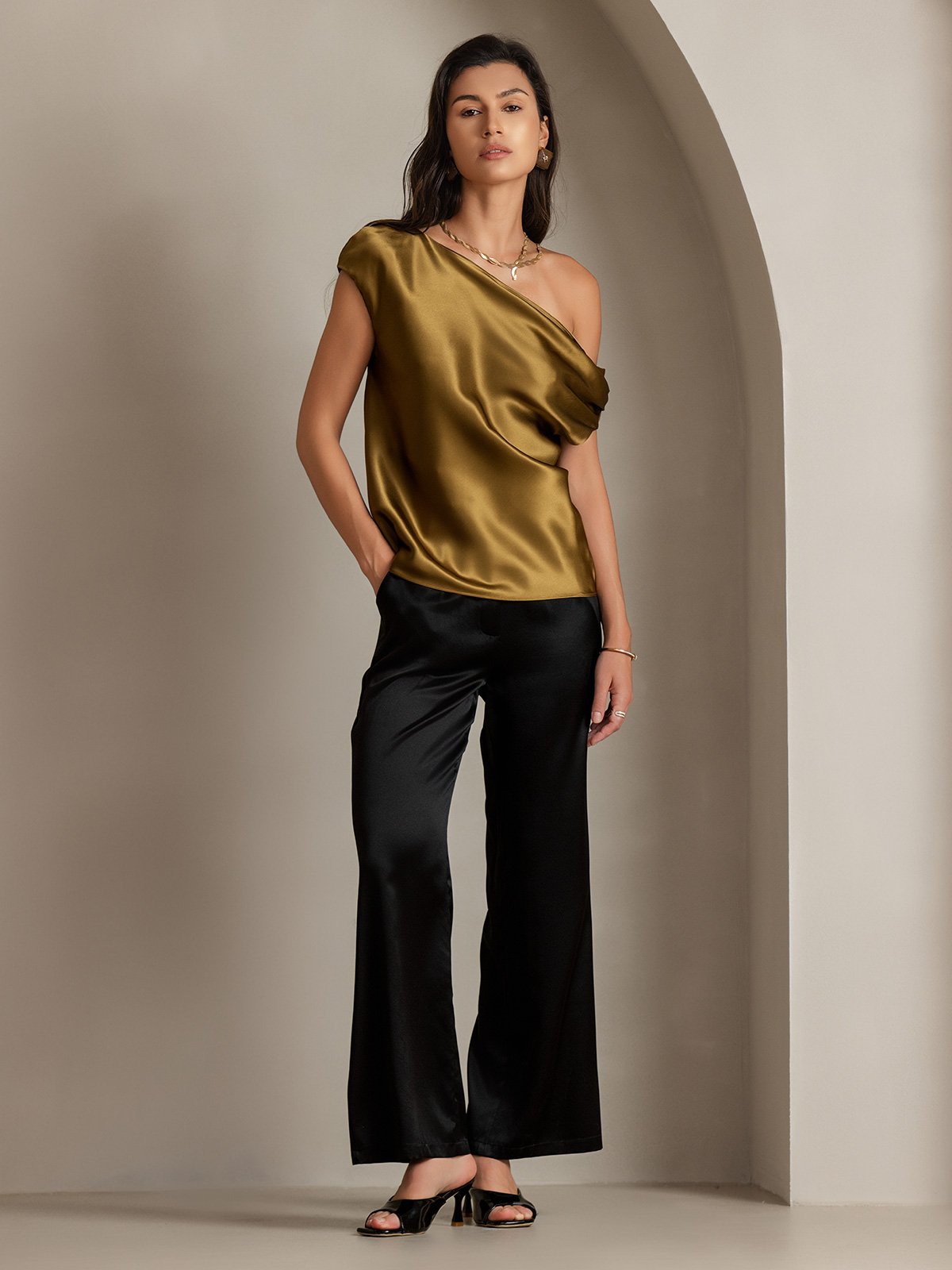 [Brown] SilkSilky 19Momme Silk Sleeveless One Shoulder Women's T-Shirt 007