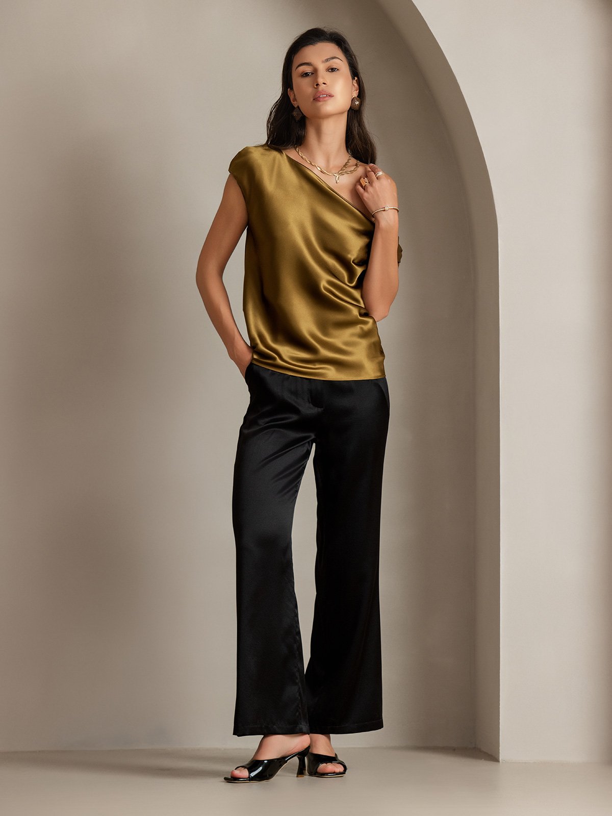 [Brown] SilkSilky 19Momme Silk Sleeveless One Shoulder Women's T-Shirt 008