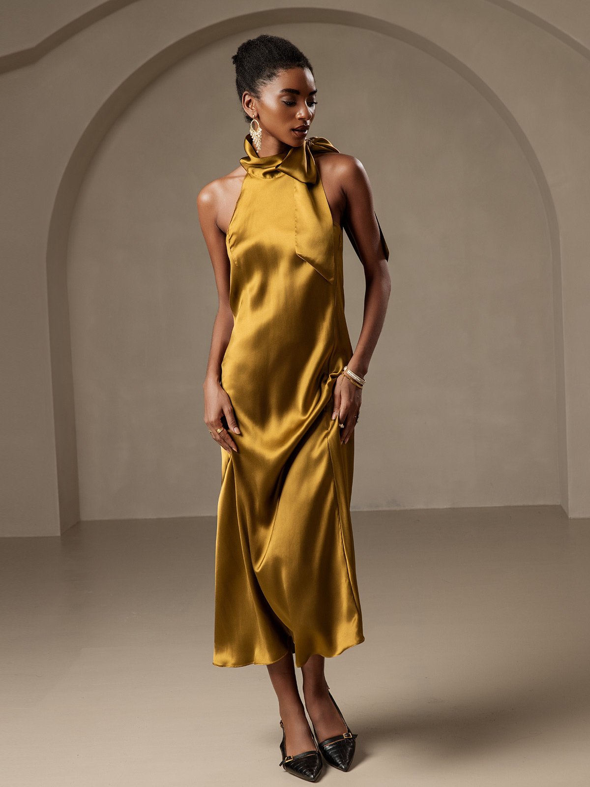 [Brown] SilkSilky 19Momme Silk Sleeveless Tie Neck Dress 008