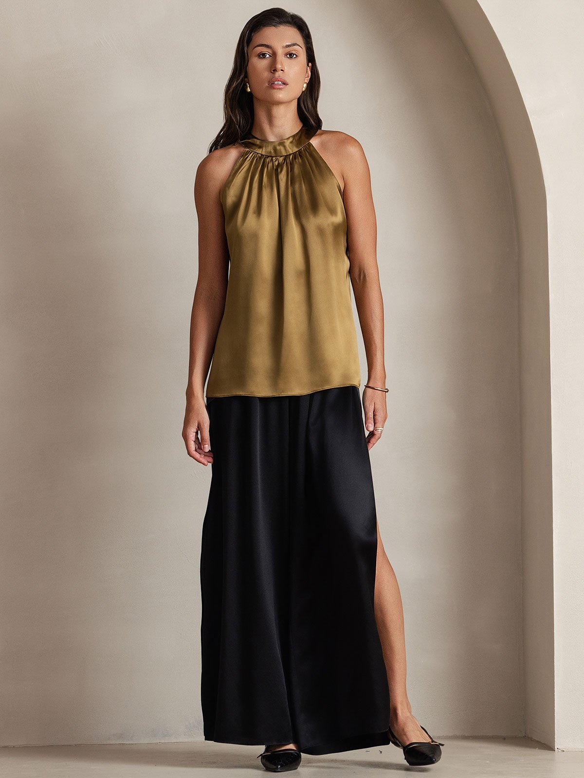 [Brown] SilkSilky 19Momme Silk Sleeveless Womens T-Shirt 003