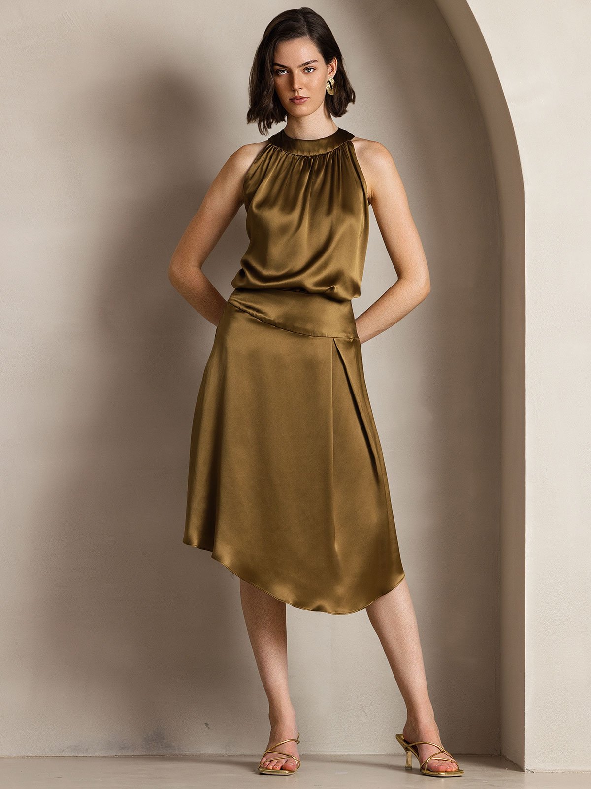 [Brown] SilkSilky 19Momme Silk Sleeveless Womens T-Shirt 005