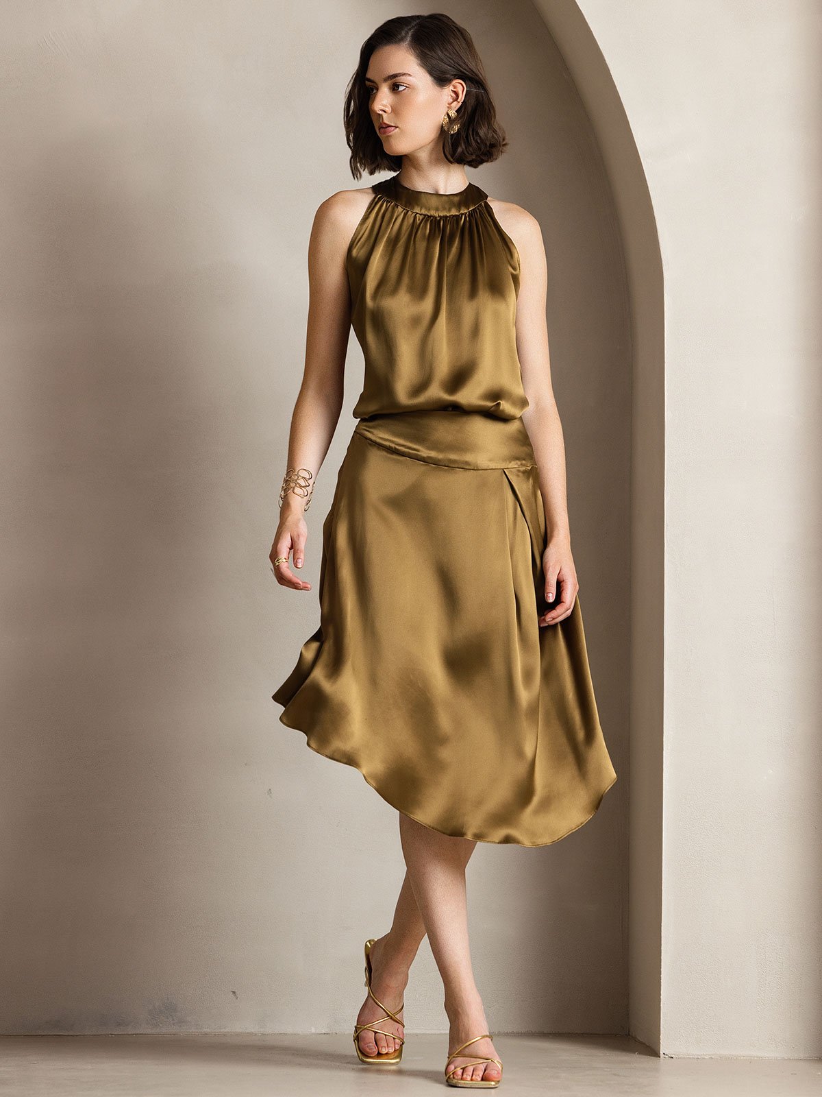 [Brown] SilkSilky 19Momme Silk Sleeveless Womens T-Shirt 006
