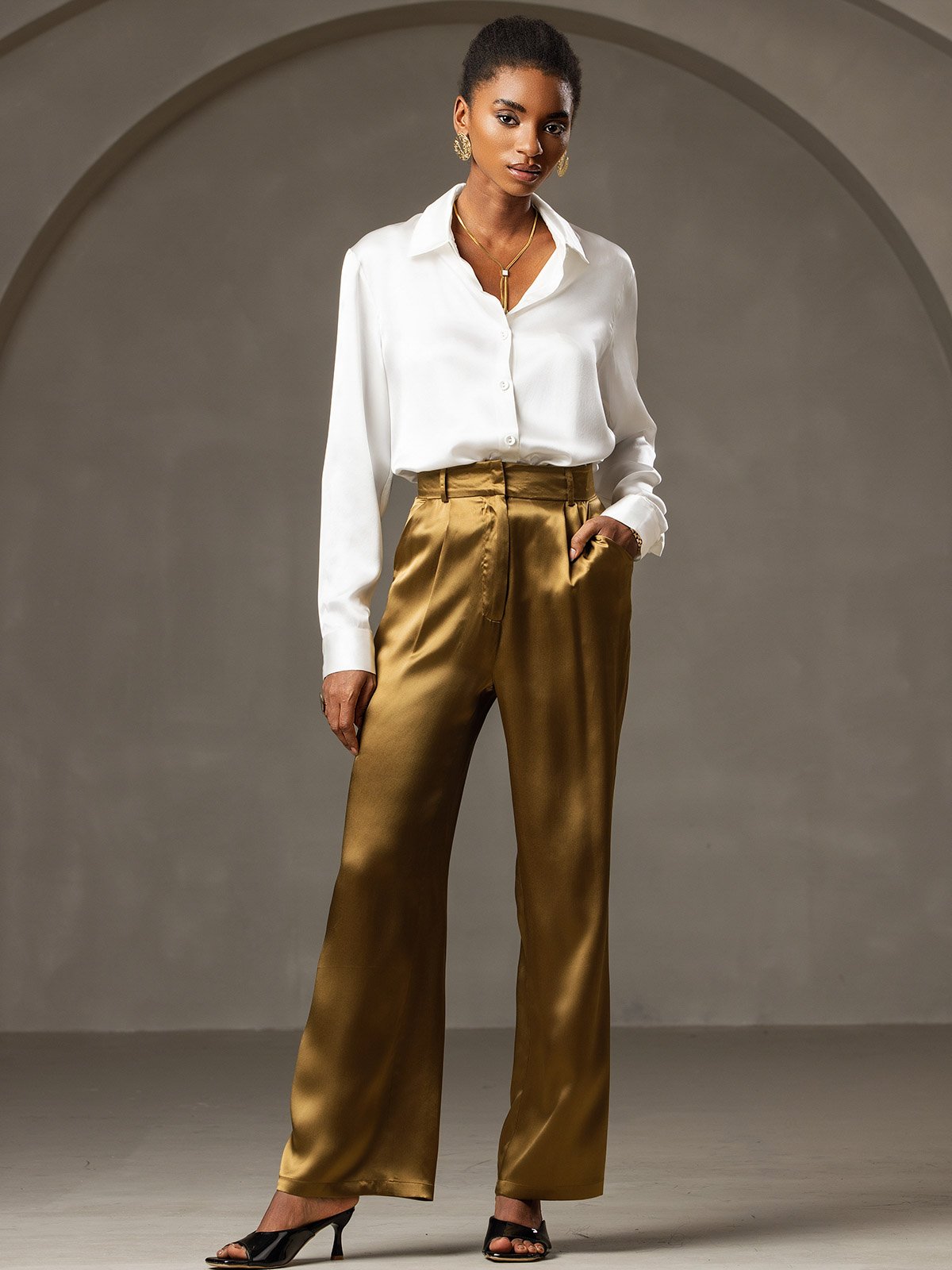 [Brown] SilkSilky 19Momme Silk Womens Pants 001