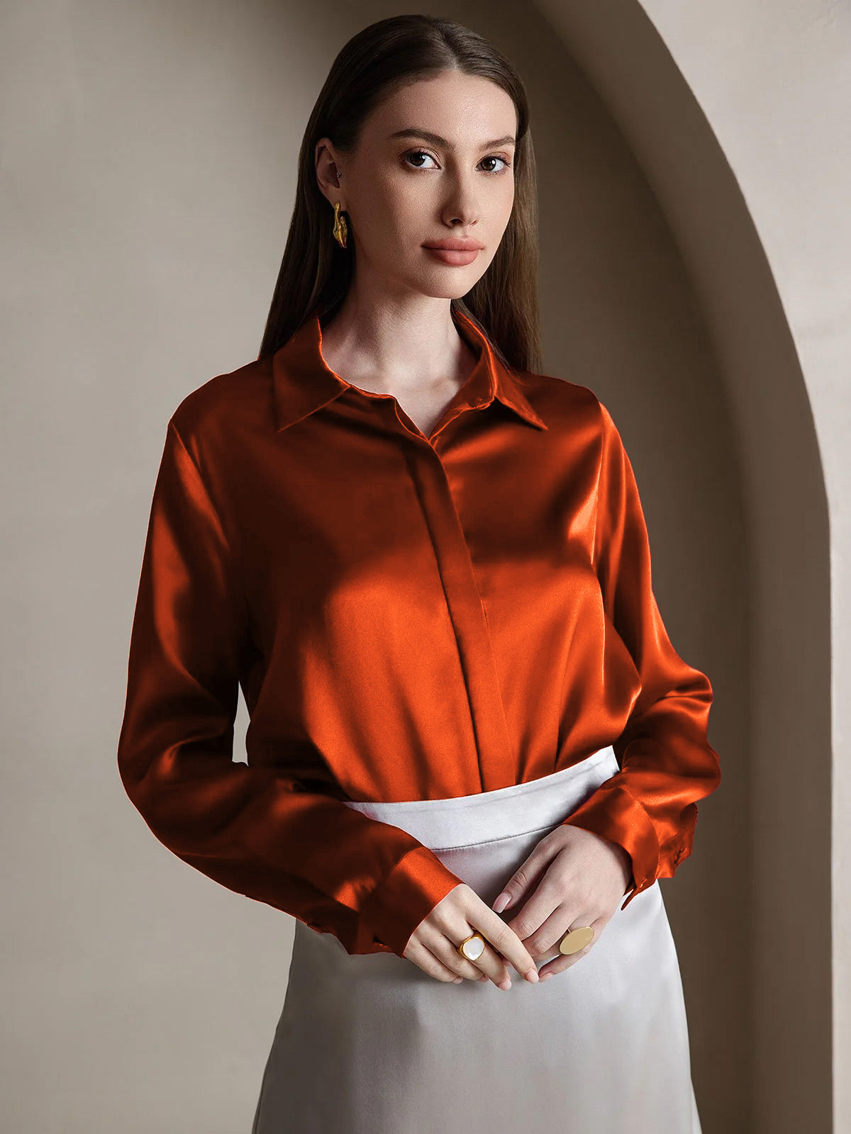 [Caramel] SilkSilky  19Momme Silk Lapel Collar Women's Shirt 001