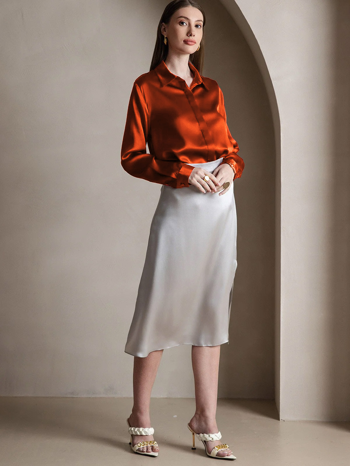 [Caramel] SilkSilky  19Momme Silk Lapel Collar Women's Shirt 002