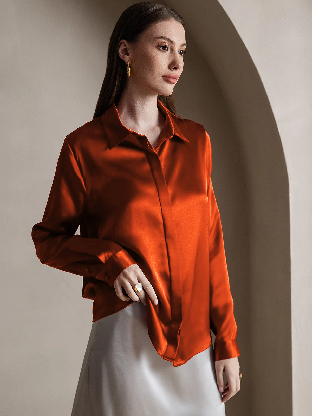 [Caramel] SilkSilky  19Momme Silk Lapel Collar Women's Shirt 004