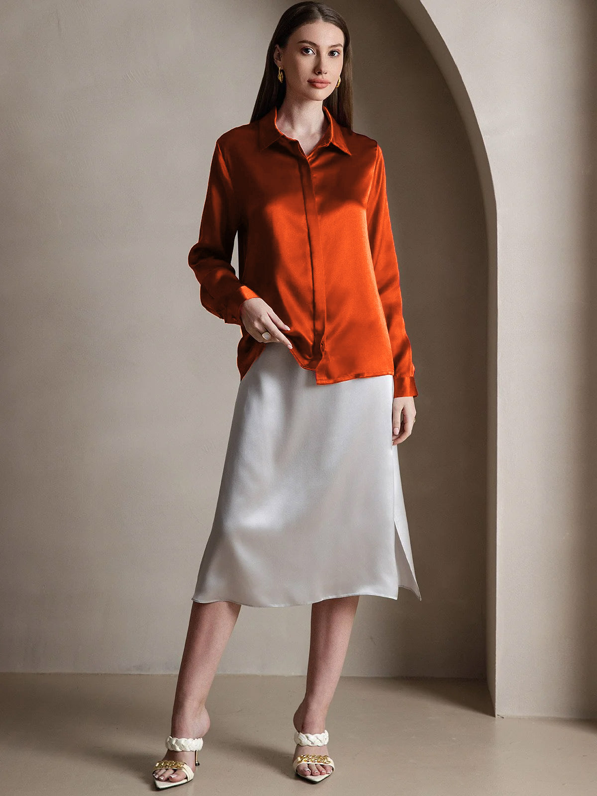 [Caramel] SilkSilky  19Momme Silk Lapel Collar Women's Shirt 005