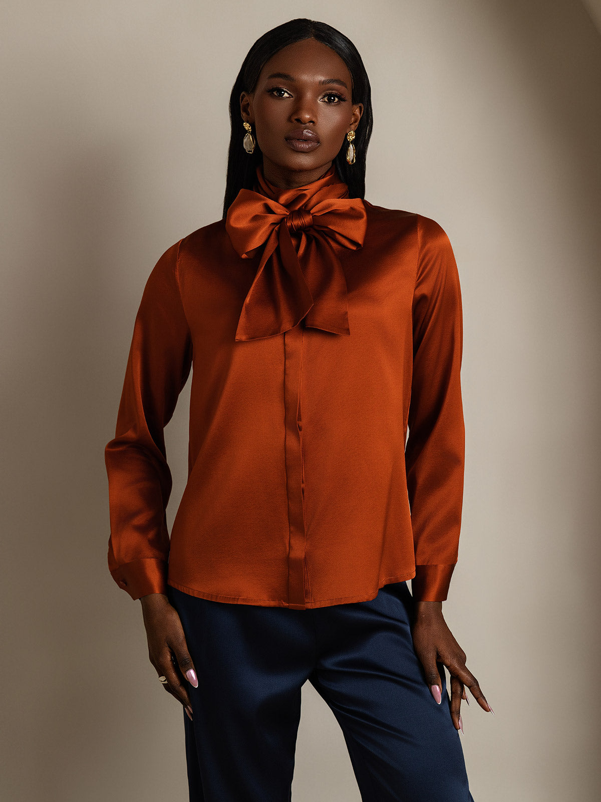 [Caramel] SilkSilky 19Momme Silk Long Sleeve Tie Neck Women's Shirt 003