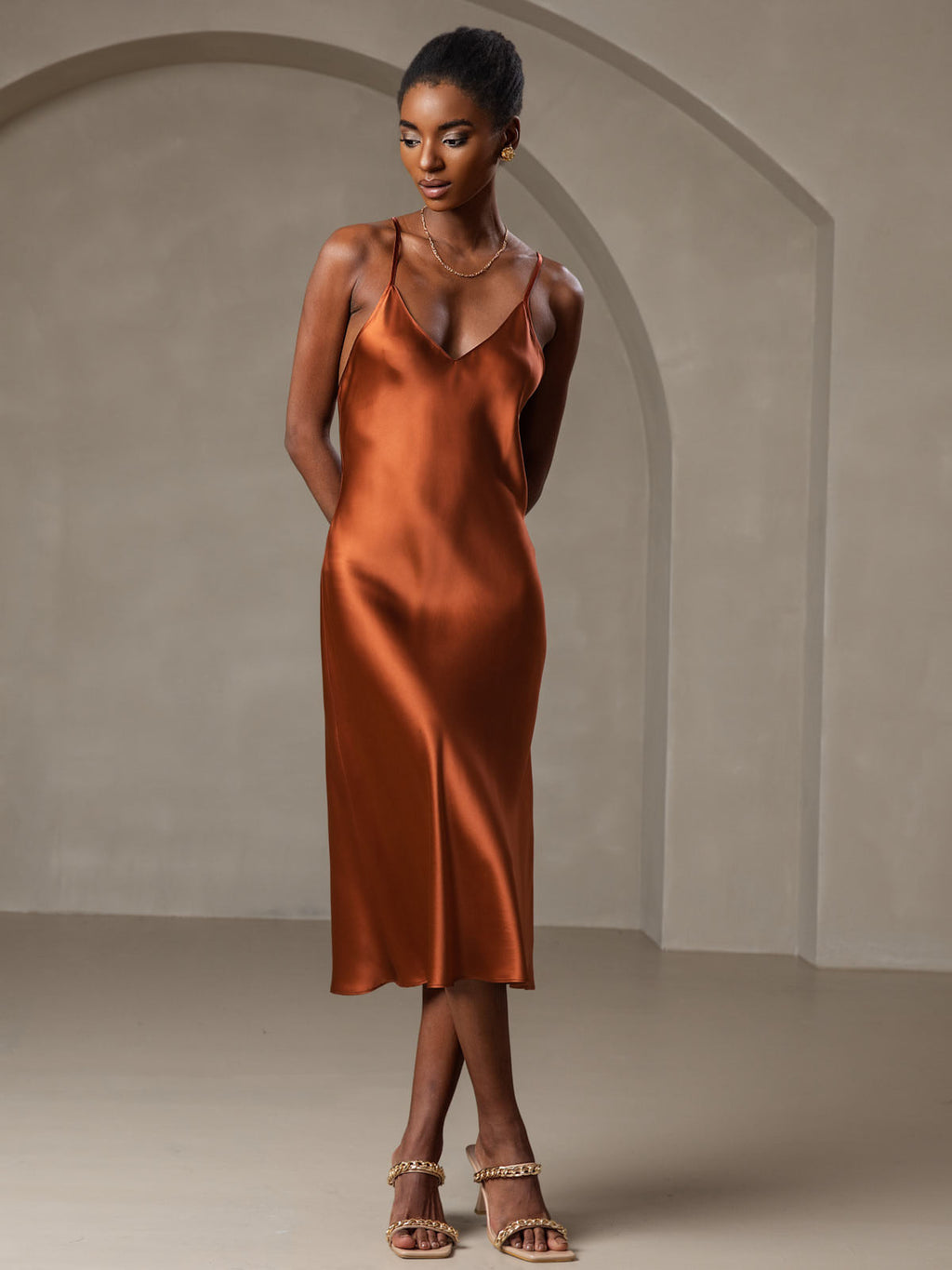 100% Mulberry Silk Spaghetti Strap V Neck Midi Dress Criss Cross Back Design