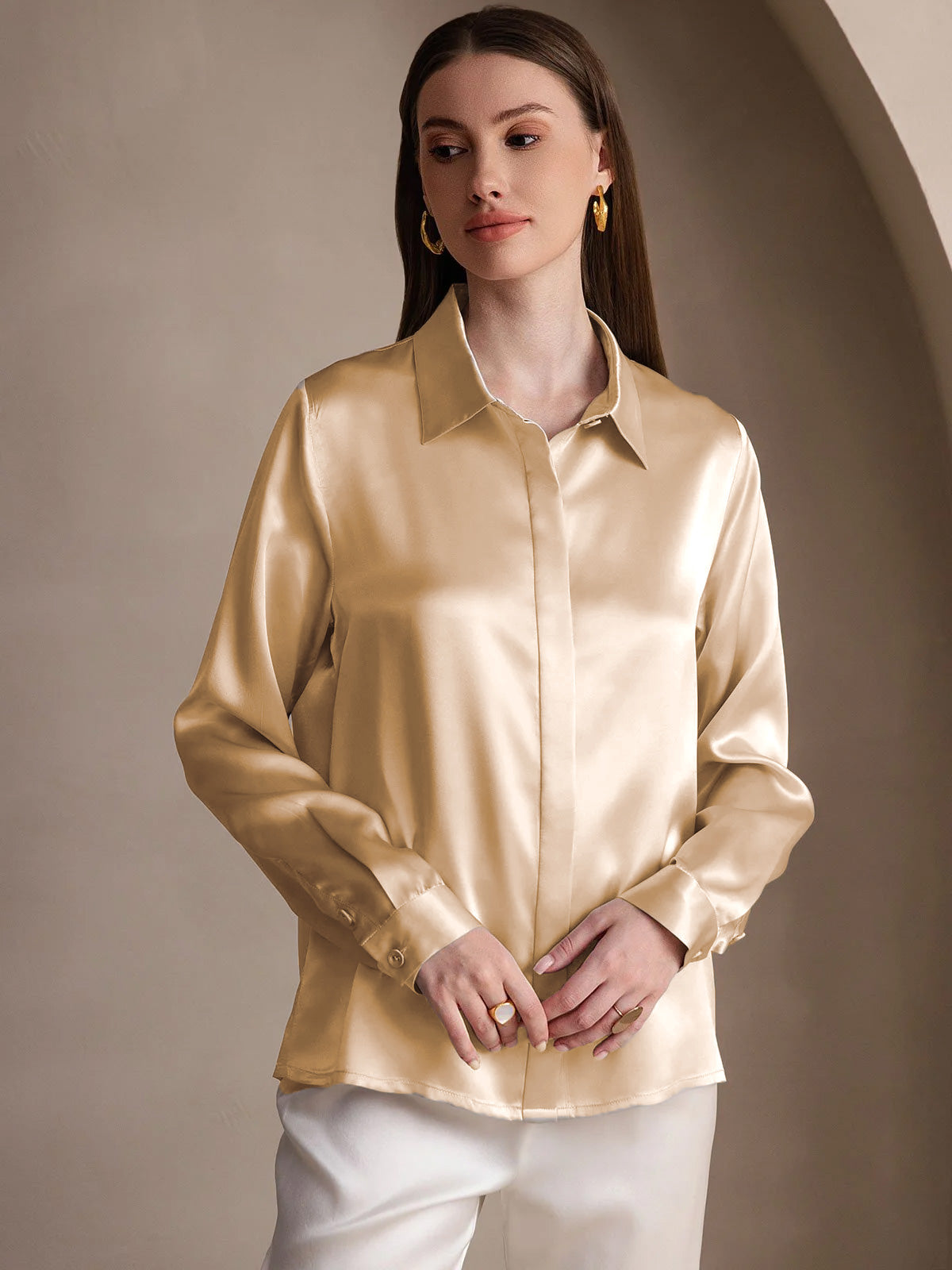 [Champagne] SilkSilky  19Momme Silk Lapel Collar Women's Shirt 001
