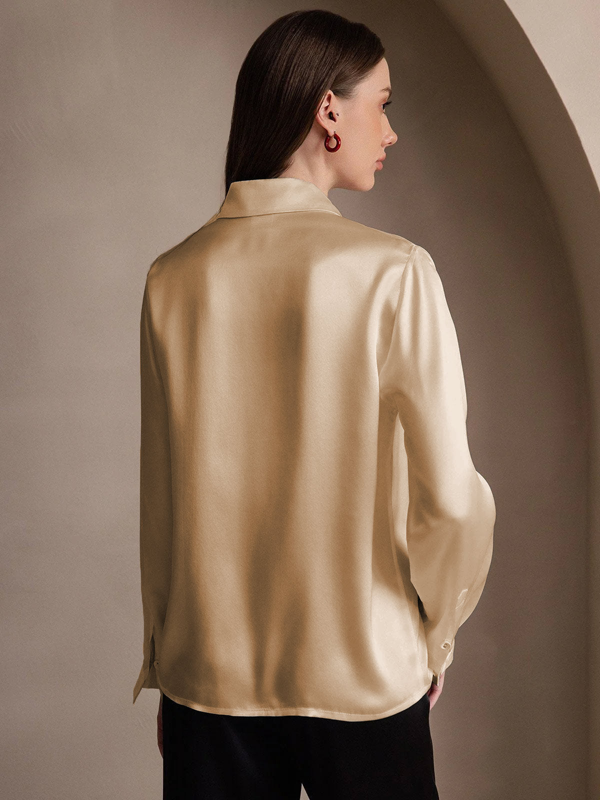 [Champagne] SilkSilky  19Momme Silk Lapel Collar Women's Shirt 002