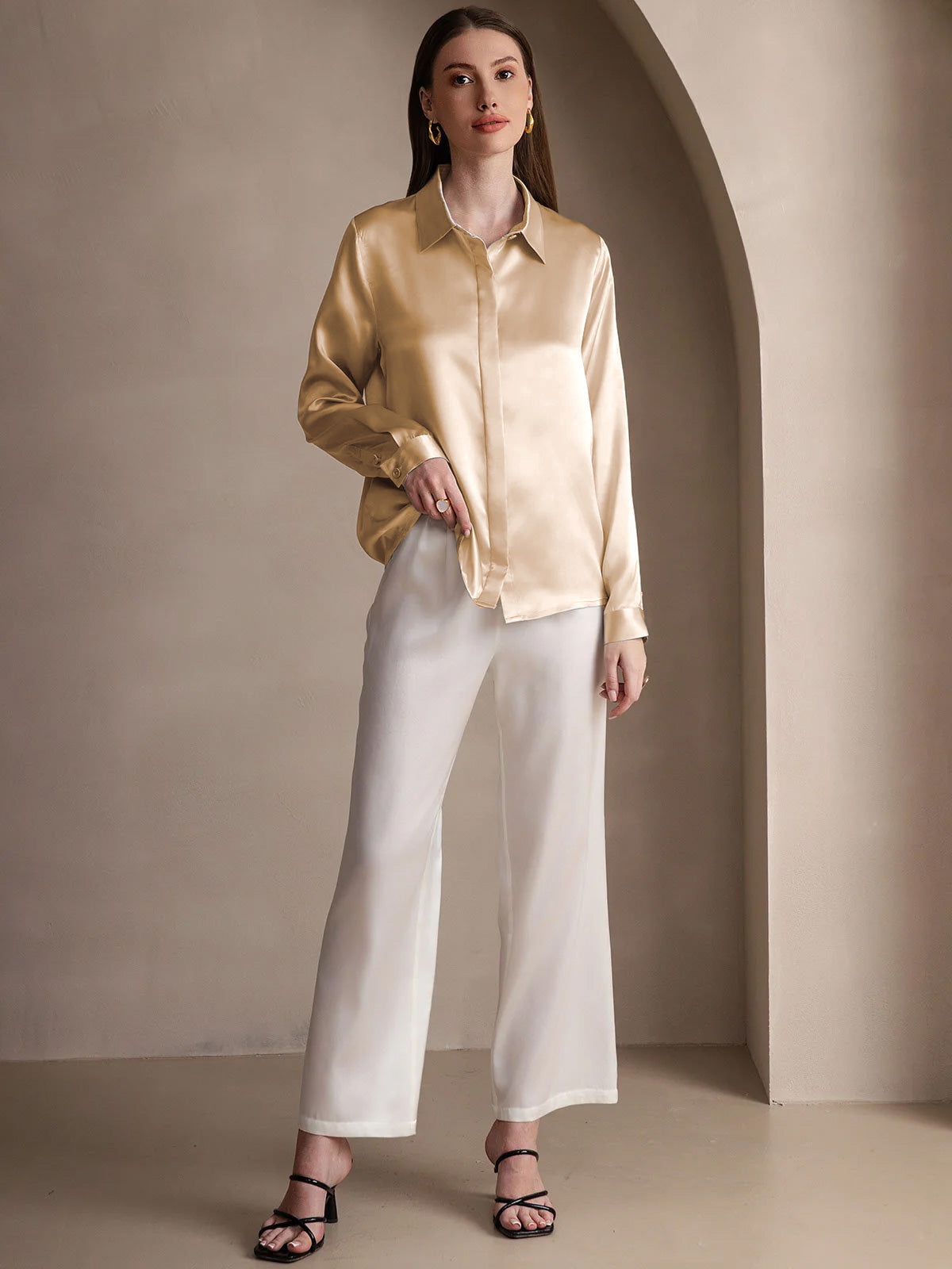 [Champagne] SilkSilky  19Momme Silk Lapel Collar Women's Shirt 003