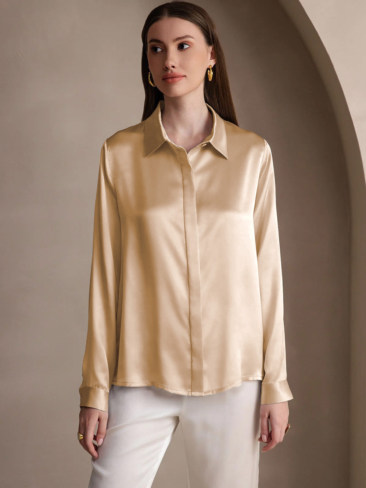 [Champagne] SilkSilky  19Momme Silk Lapel Collar Women's Shirt 004