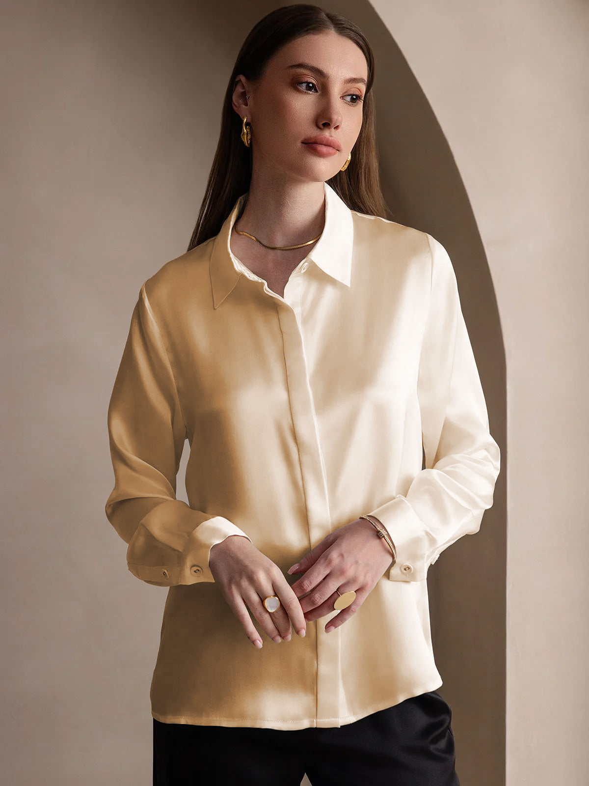 [Champagne] SilkSilky  19Momme Silk Lapel Collar Women's Shirt 005