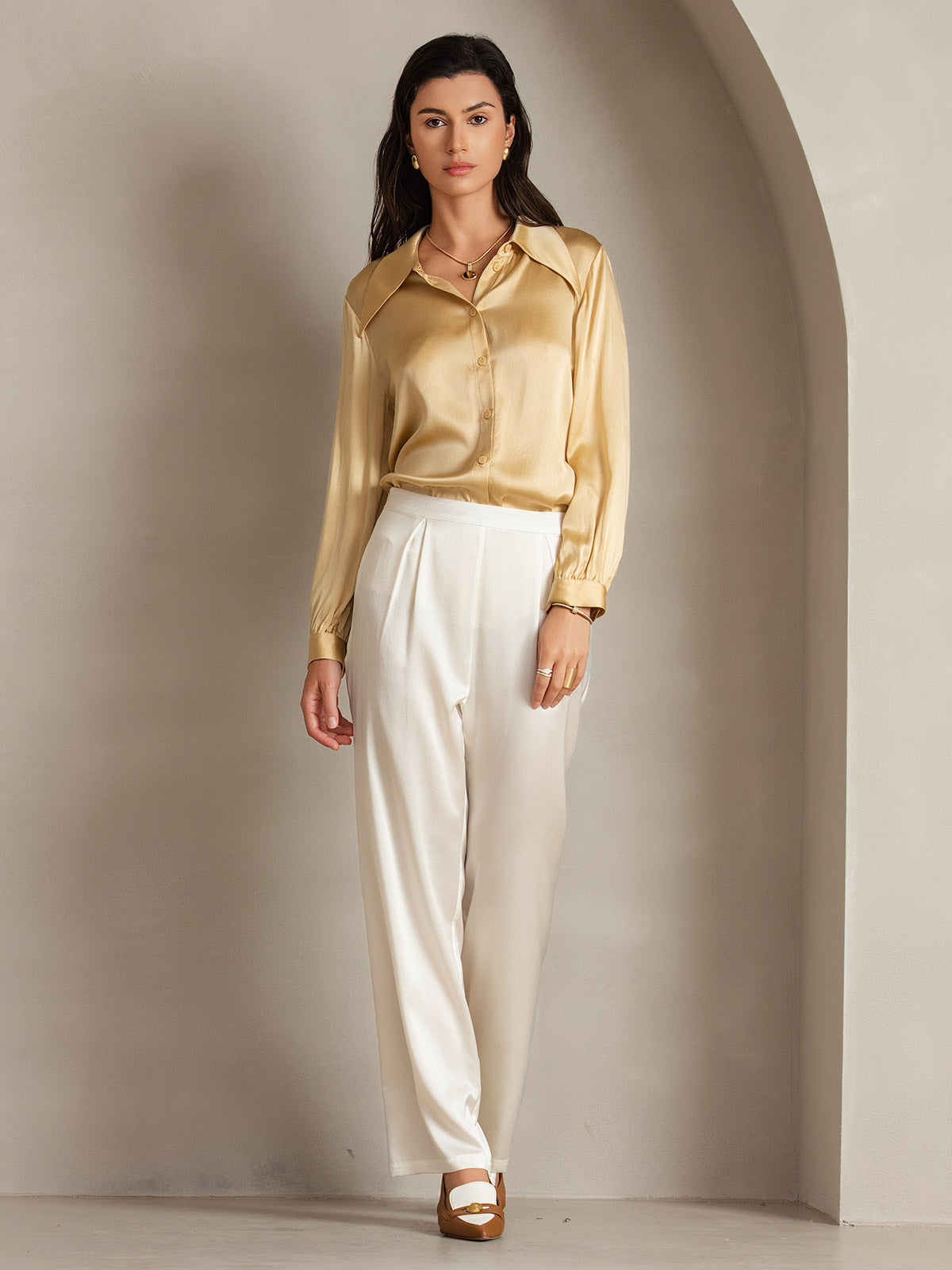 [Champagne] SilkSilky  19Momme Long Sleeve Collar Women's Shirt 005