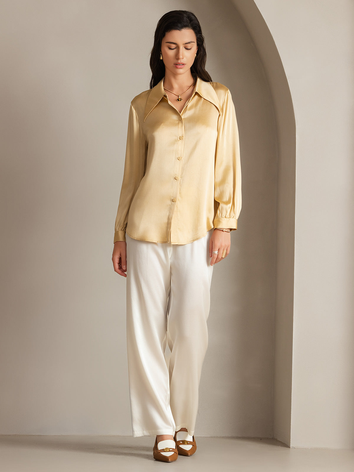 [Champagne] SilkSilky  19Momme Long Sleeve Collar Women's Shirt 006
