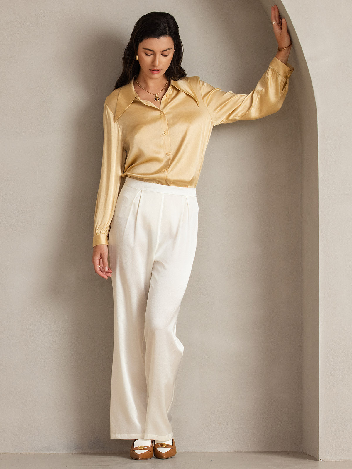 [Champagne] SilkSilky  19Momme Long Sleeve Collar Women's Shirt 007