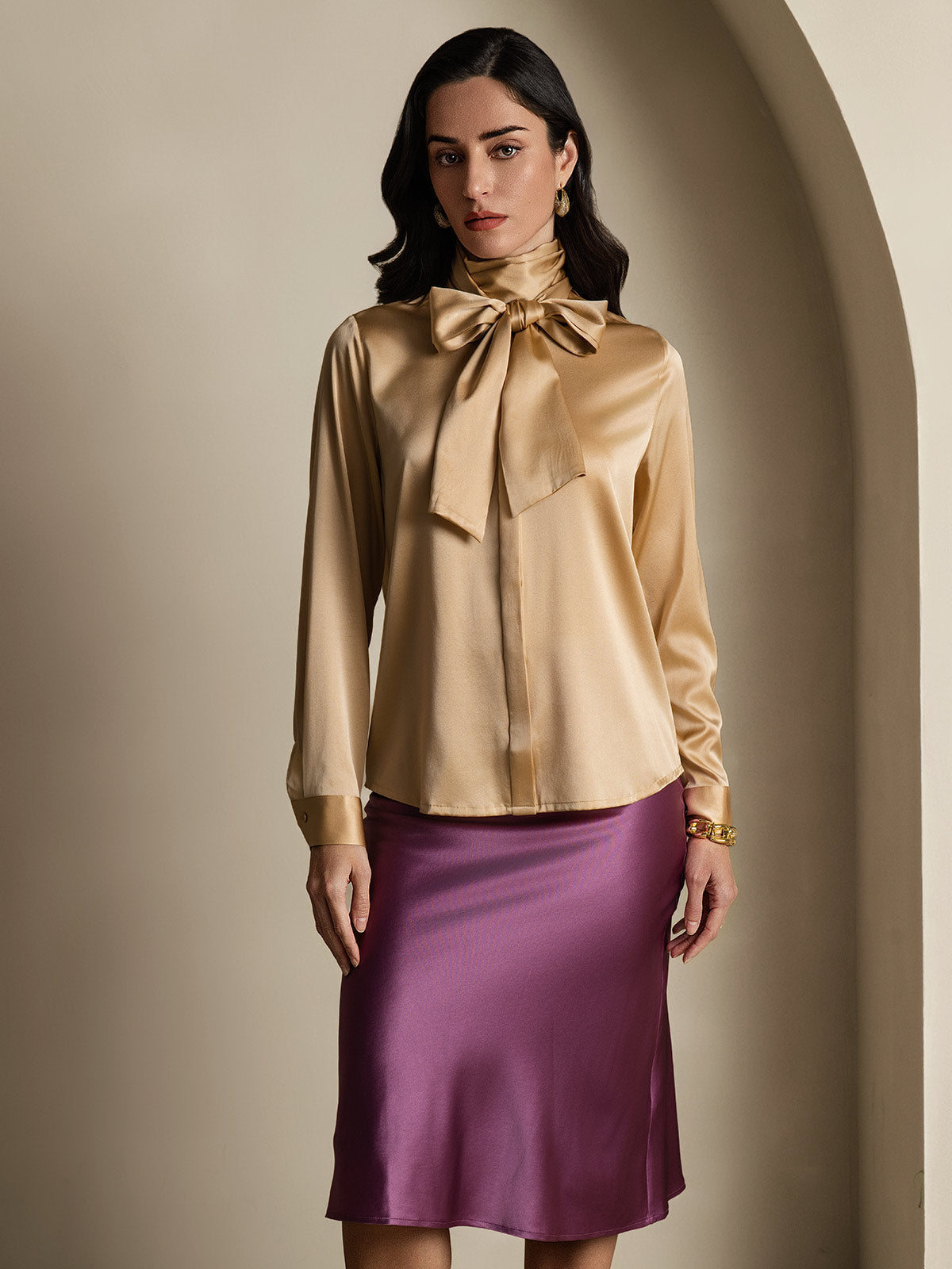 [Champagne] SilkSilky 19Momme Silk Long Sleeve Tie Neck Women's Shirt 001