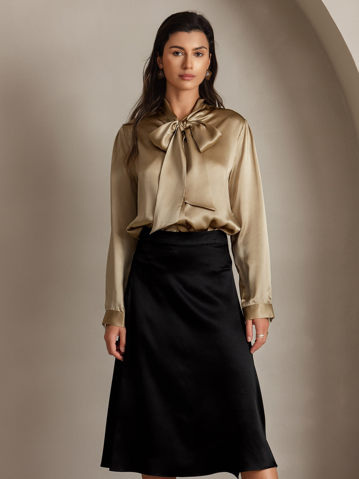 [Champagne] SilkSilky 19Momme Silk Long Sleeve Tie Neck Women's Shirt 001