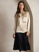 [Champagne] SilkSilky  19Momme Stretch Silk Charmeuse Long Sleeve Tie Neck Blouse 001
