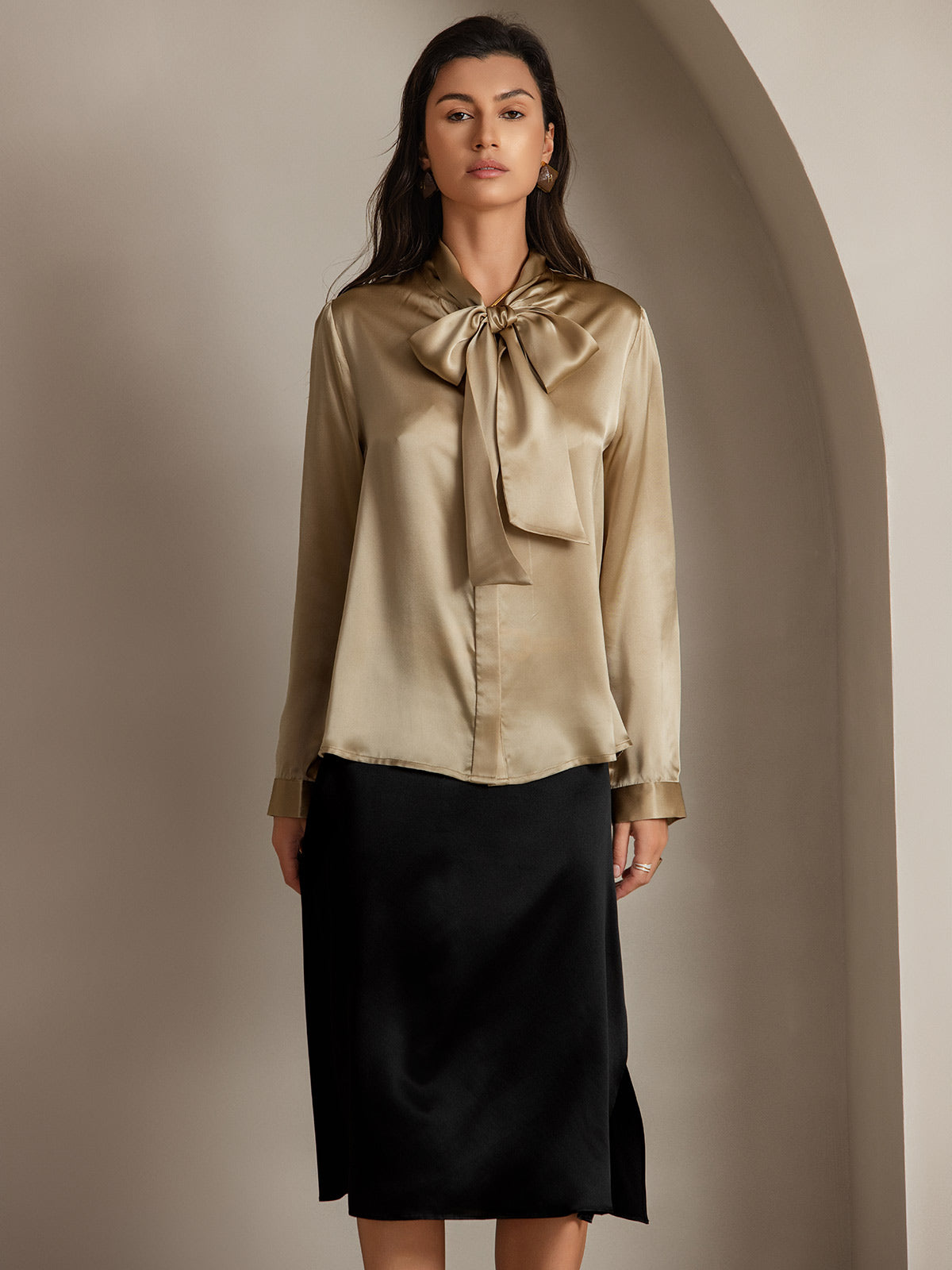 [Champagne] SilkSilky 19Momme Silk Long Sleeve Tie Neck Women's Shirt 003