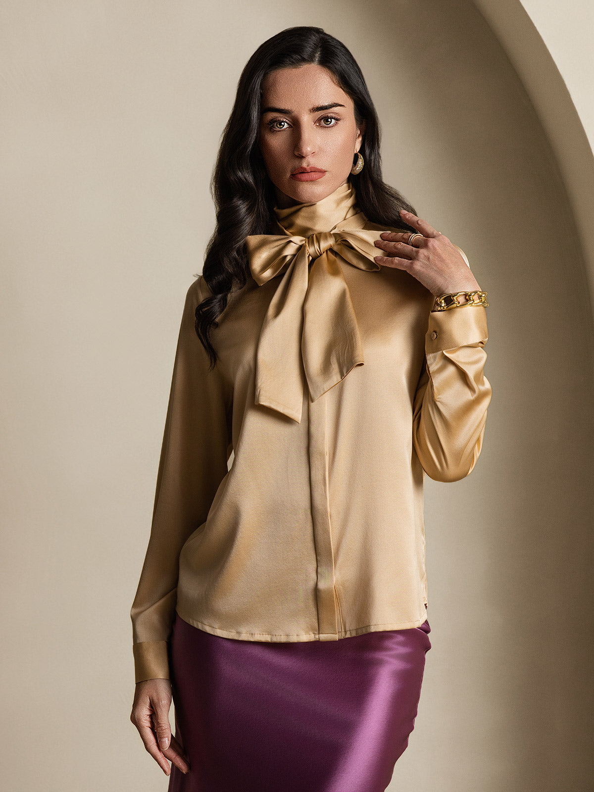 [Champagne] SilkSilky  19Momme Silk Long Sleeve Tie Neck Blouse 004