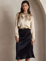 [Champagne] SilkSilky  19Momme Stretch Silk Charmeuse Long Sleeve Tie Neck Blouse 004