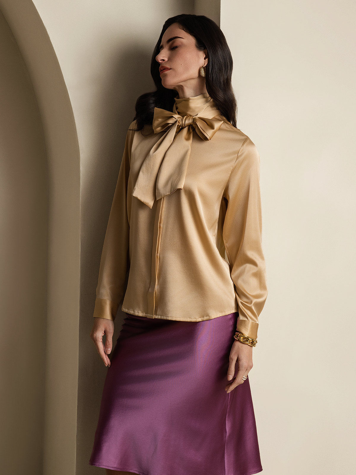 [Champagne] SilkSilky 19Momme Silk Long Sleeve Tie Neck Women's Shirt 005