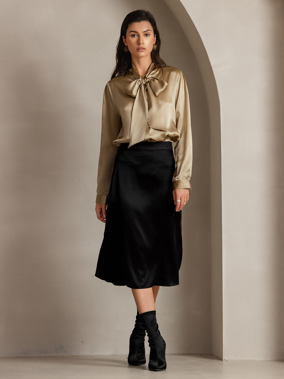 [Champagne] SilkSilky 19Momme Silk Long Sleeve Tie Neck Women's Shirt 005