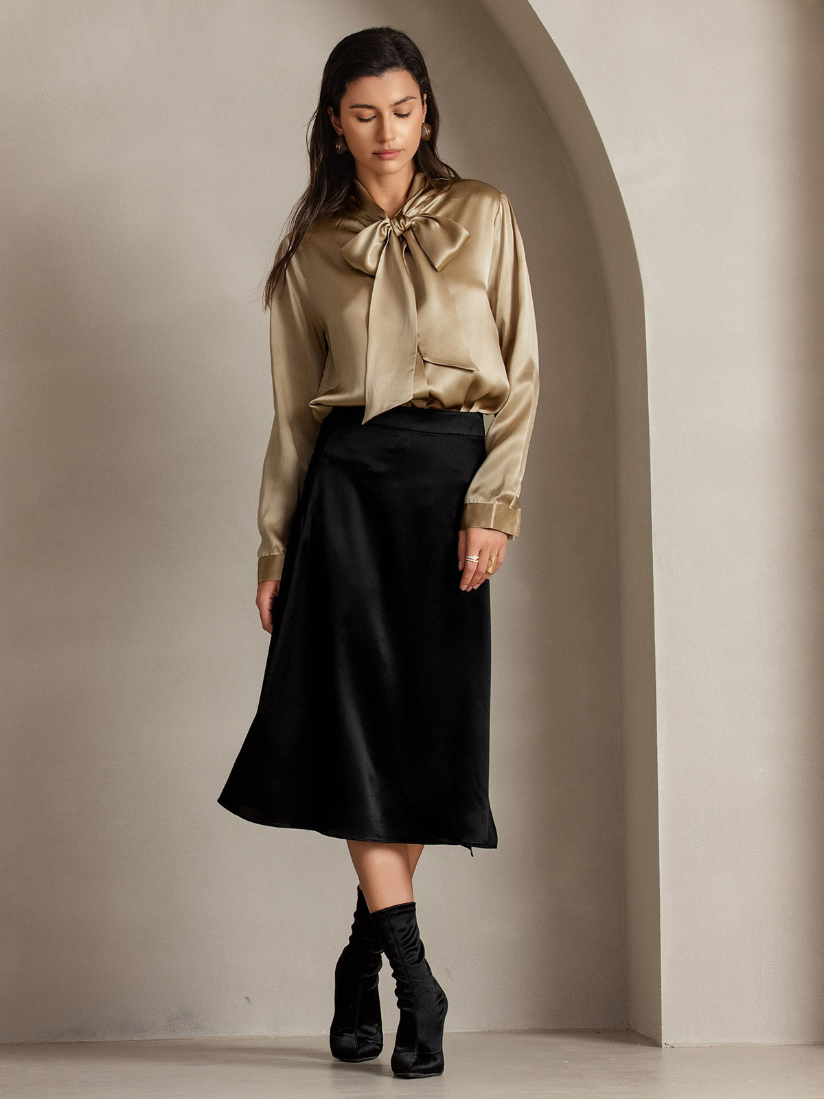 [Champagne] SilkSilky 19Momme Silk Long Sleeve Tie Neck Women's Shirt 006