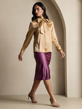 [Champagne] SilkSilky  19Momme Long Sleeve Tie Neck Blouse 009