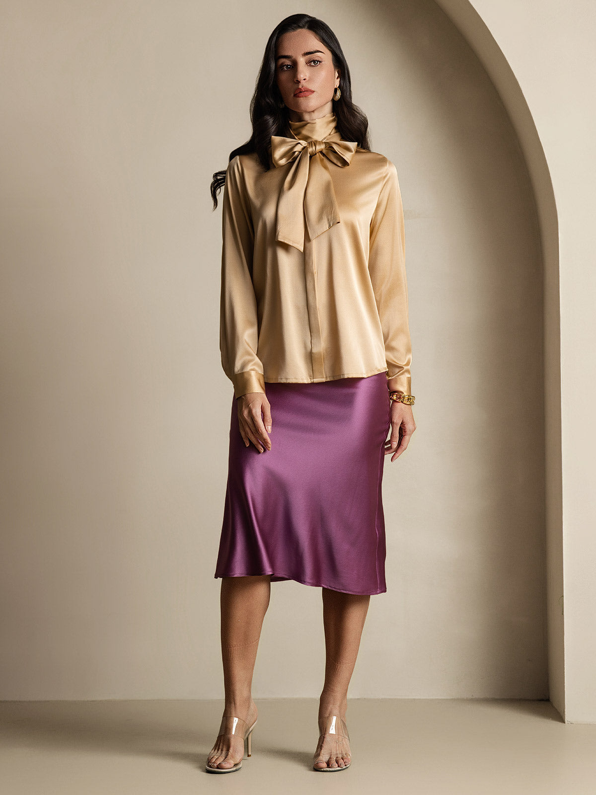 [Champagne] SilkSilky  19Momme Silk Long Sleeve Tie Neck Blouse 010