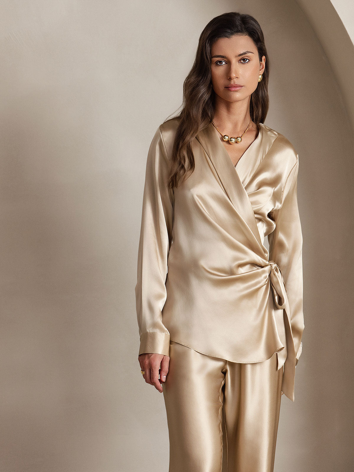 [Champagne] SilkSilky 19Momme Silk Long Sleeve V Neck Women's Shirt 001