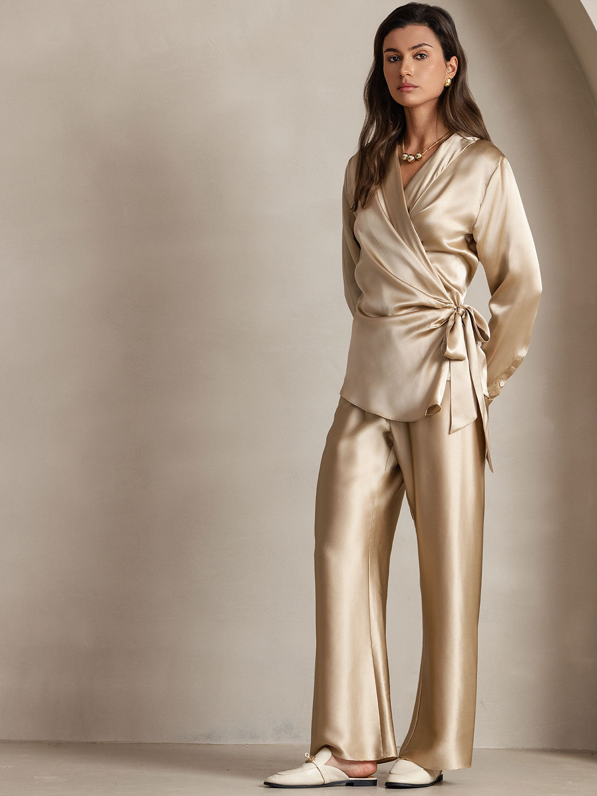 [Champagne] SilkSilky 19Momme Silk Long Sleeve V Neck Women's Shirt 008