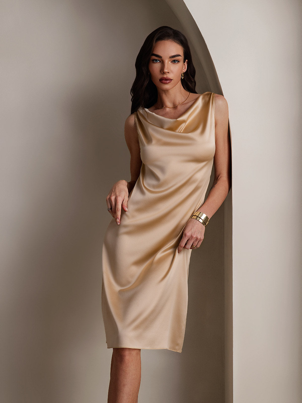 [Champagne] SilkSilky  19Momme Silk Sleeveless Cowl Neck Dress 001