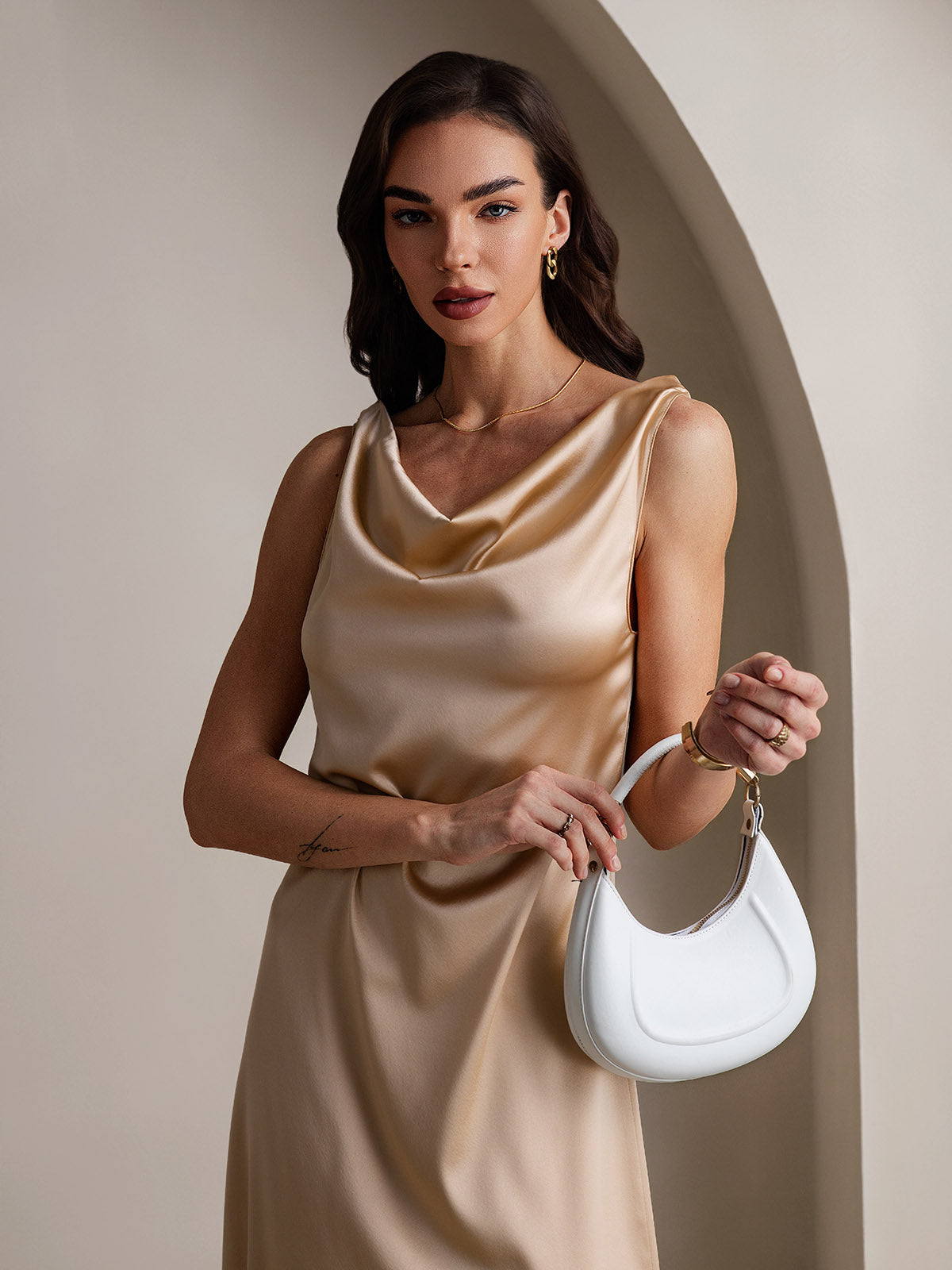 [Champagne] SilkSilky  19Momme Silk Sleeveless Cowl Neck Dress 002